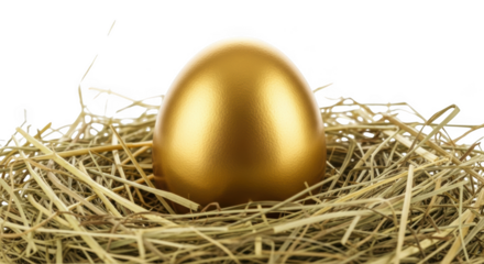 Golden egg resting in a nest of straw against a black background image