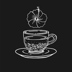 Glass cup of tea, hibiscus. Hand drawn vector illustration in outline style.