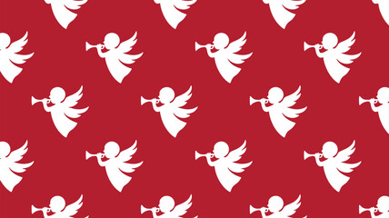 Angel silhouettes on red background blowing trumpets in festive pattern