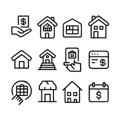 Fototapeta premium Real estate icons including houses, money, and calendars