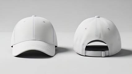 White baseball caps with adjustable velcro straps front and back view