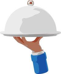  Waiter hand in blue sleeve holding a silver restaurant cloche dome on a tray for fine dining catering food service and hospitality concepts isolated on white. © MdEmdadul