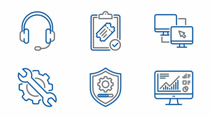 Vector Icons Set of Six Technology and Business Icons with Blue Outline. Vector Illustration. EPS Editable