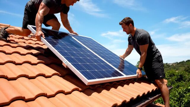Two men installing solar panels on a red tiled roof under a clear blue sky during daytime. Renewable energy installation and technology concept.