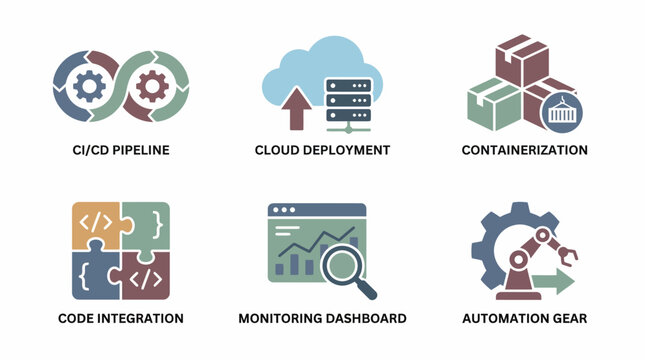 Vector Icons Set of DevOps Icons Set CICD Cloud Deployment Containerization Code Integration Monitoring Automation. Vector Illustration. EPS Editable