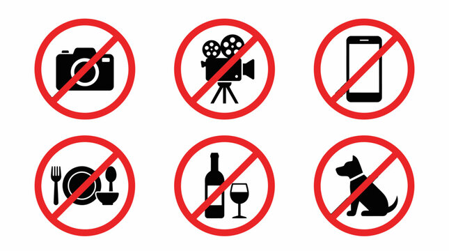 Vector Icons Set of six red prohibition signs for camera video camera mobile phone food alcohol and pets. Vector Illustration. EPS Editable