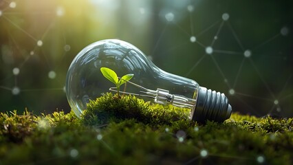 Light Bulb with Growing Plant on Moss for Eco-Friendly Innovation and Green Energy Sustainability Concept