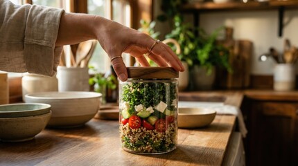 Modern Healthy Meal Prep with Glass Containers on Kitchen Table