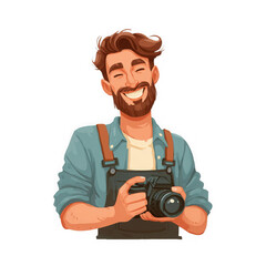 A smiling cartoon photographer holding a camera and wearing a blue shirt and overalls.