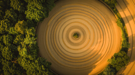 Aerial View Of Circular Sand Field With Center Tree Surrounded By Forest