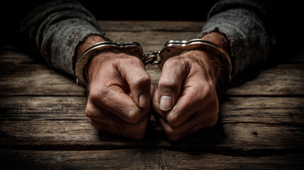 Hands in handcuffs resting on a wooden table in a dim setting