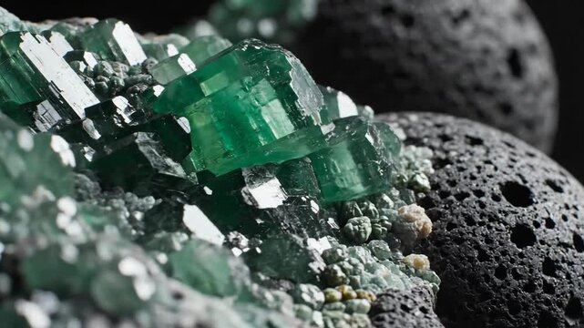 Vibrant green idocrase crystals forming prismatic shapes within dark volcanic rock matrix