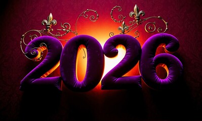 Elegant purple numerals for a future year, plush and glowing, are set against a deep red backdrop with ornate golden accents.