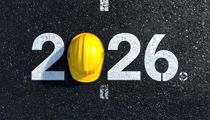 Modern construction site marking 2026 with yellow hard hat on asphalt road
