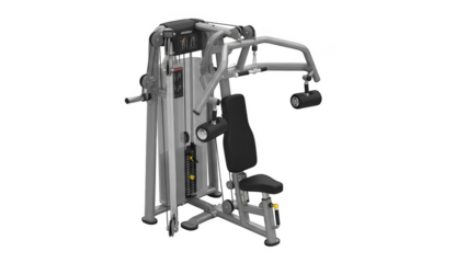 Silver and black multi gym machine with weight stack and padded seat and backrest gym equipment fitness machine