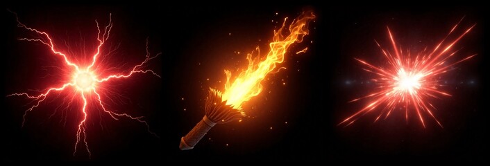Collection of light effects, including electric blast, fiery ball, and explosive burst, set against a dark background.