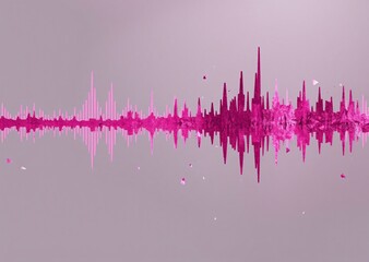 A vibrant pink audio waveform dynamically reflects on a smooth surface, creating an abstract visualization against a soft grey background.