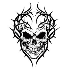 A striking black and white illustration of a skull adorned with thorny vines and sharp, menacing spikes.