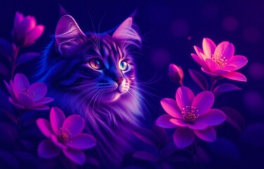 A majestic long-haired cat with glowing eyes amidst vibrant pink and purple flowers, illuminated in a dreamy nocturnal setting.
