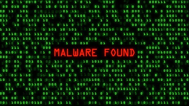 Malware Found Glitch Text Animation. Green Digital Binary Code Matrix Background.