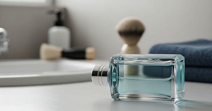 Perfume bottle on bathroom counter with shaving brush and towel for beauty and grooming product shot - Powered by Adobe