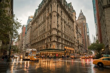 Bustling city street with yellow taxis and historic architecture under a rainy sky in New York City during late afternoon