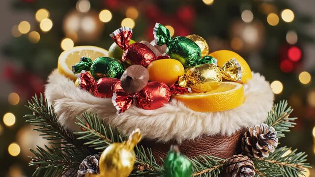 Extremely slow motion macro shot of colorful wrapped candies and fresh citrus fruits dropping into a winter boot decorated with pine branches gifting, treats, colorful wrapped candies