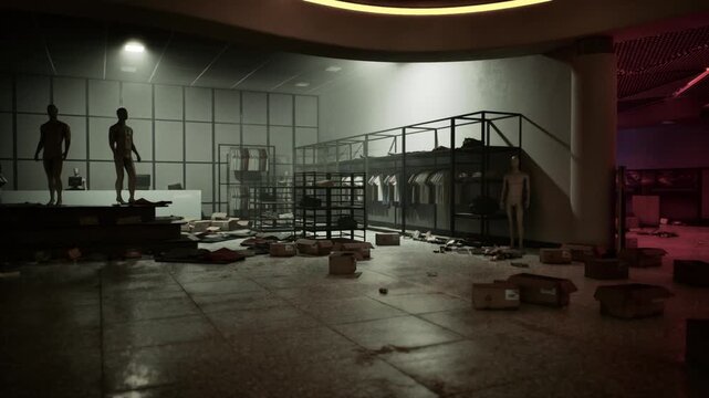 The retail store lies in ruins as shelves are overturned and debris scatters across the floor, revealing the aftermath of a brazen theft. Darkness envelops the scene, hinting at early morning chaos.