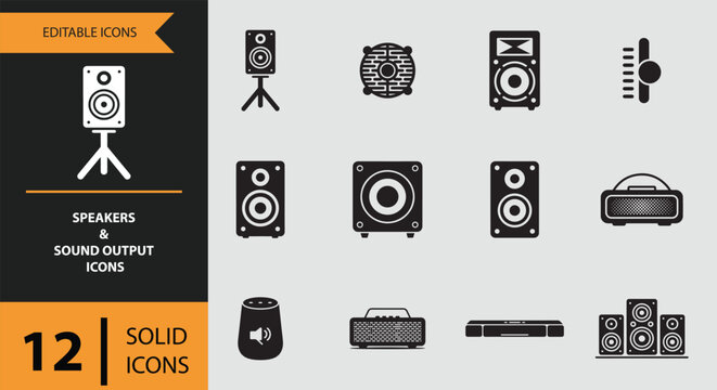 Solid black icons depicting various speakers and sound output devices for audio systems