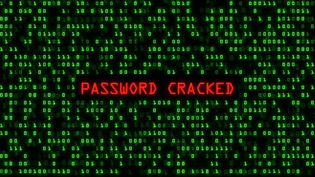 Password Cracked Glitch Text Animation. Green Digital Binary Code Matrix Background.