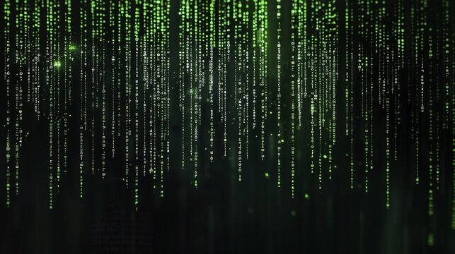 Green digital code raining down on a dark background, resembling a matrix-style visual effect