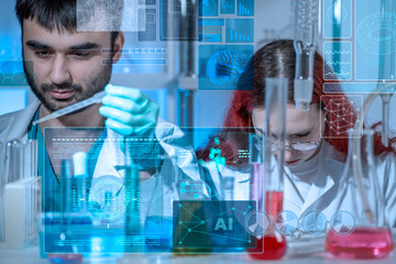 AI tools for advanced scientific research and development. Young female lab assistant collaborating with a male scientist in a high-tech laboratory. Working together with holographic data interfaces