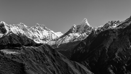 Black and white view of Mount Ama Dablam as seen from the Everest Base Camp trek, Nepal