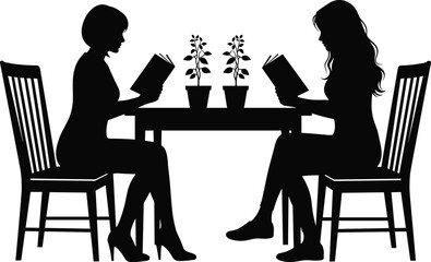 Two women reading books silhouettes at table, quiet cafe or home scene, education, leisure time, literature, peaceful lifestyle vector illustration