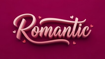 Elegant three dimensional pink script typography spelling romantic with subtle floating hearts set against a deep magenta background perfect for valentines day graphics