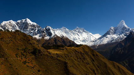 View of Himalaya mountains - Everest, Lhotse, Ama Dablam, Nuptse, Taboche, Kongde Ri, Thamserku from Namche Bazaar viewpoint, Sagarmatha National Park, Nepal
