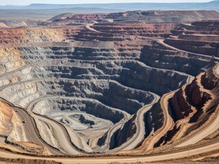 Massive openpit mining operation with layered excavation and winding dirt roads