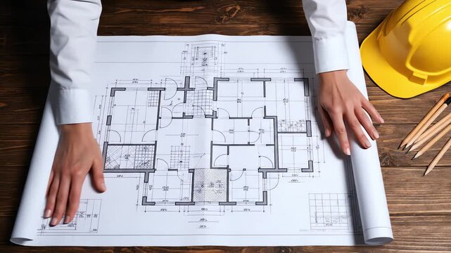 Architect Unrolling Construction Blueprint with Hard Hat on Wooden Table &ndash; AI Generated