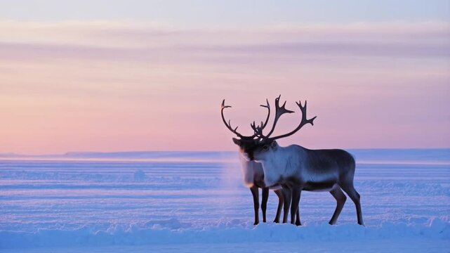 Two reindeer with antlers touching on a vast snow plain under a soft pink arctic dawn, the concept of harmony, peaceful partnership and natural beauty