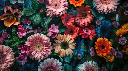 Floral background with beautiful chrysanthemums, roses, wildflowers. Wedding decoration, texture for the holiday.