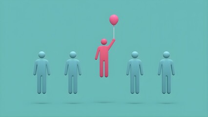 Pink Balloon Figure Floating Above Crowd Showing Individuality and Innovation Concept