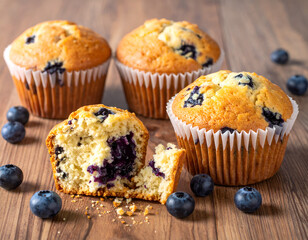Freshly baked blueberry muffins in paper cups with one broken open to show texture on a wooden table. Generative AI