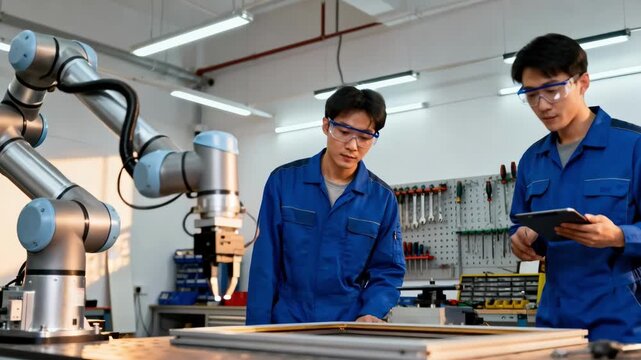 Medium shot showing a collaborative robotic framing assistant working alongside technicians enhancing efficiency in a modern workshop