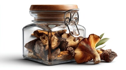 Mushroom Jar Still Life: A detailed studio shot showcases dried mushrooms in a clear glass jar with a wooden lid, accompanied by fresh mushrooms, representing the essence of natural cuisine.
