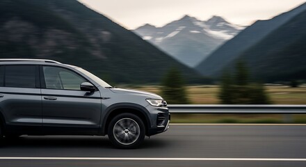 Fototapeta premium Gray suv car driving on road with mountain background automotive travel vehicle transportation outdoors 100