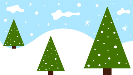 Simple Minimalist Vector Hill in Winter Christmas Season With Snowfall and Christmas Trees in Blue Cloudy Sky 