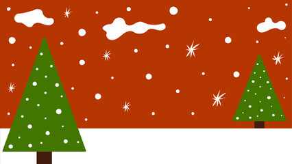 Simple Minimalist Vector Hill in Winter Season With Snowfall and Christmas Pine Trees in Sunset and Orange Cloudy Sky