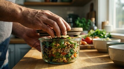 Modern Healthy Meal Prep with Glass Containers on Kitchen Table