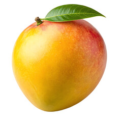 Ripe mango with green leaf isolated on white background. Fresh tropical fruit shows smooth skin and vibrant  Natural healthy food concept for summer nutrition and freshness.