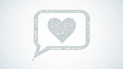 Gray heart symbol inside a speech bubble made of small circles on white background, representing love and communication concept